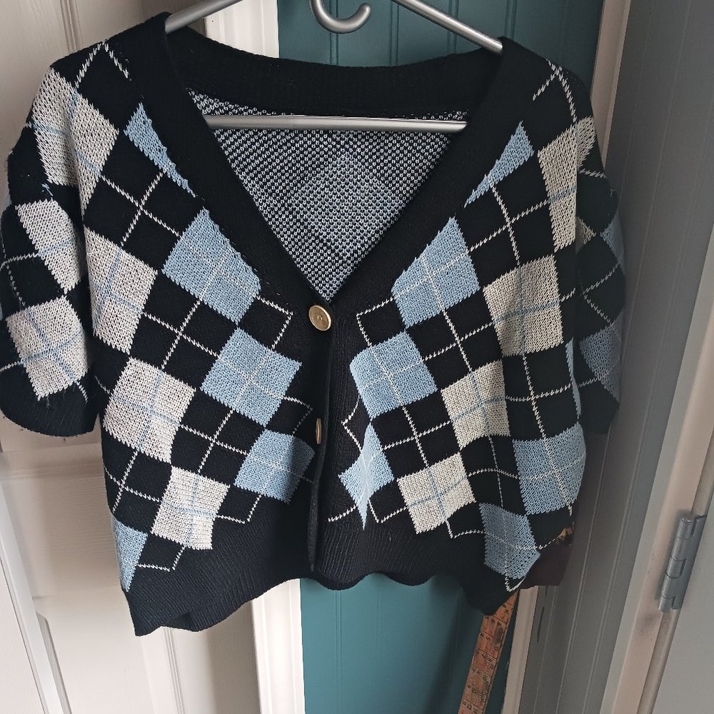 Short Sleeve Button Up Argyle Sweater